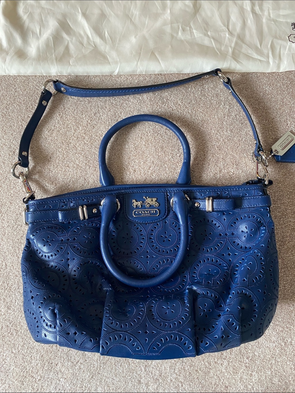 Coach Blue Perforated Leather Satchel with Removable Strap